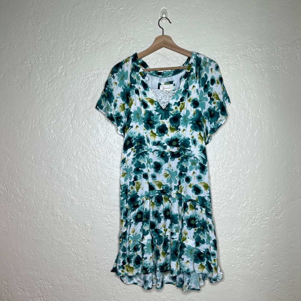 By Anthropologie Robin Tiered Mini Dress Teal Green Floral V-Neck Lace Trim M